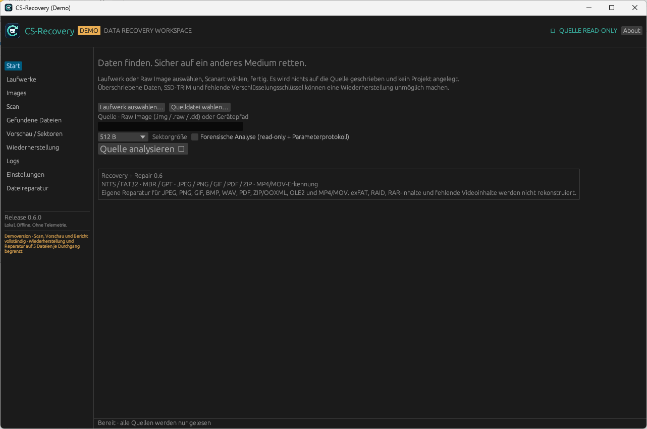 Screenshot: CS-Recovery Demo v0.6.0